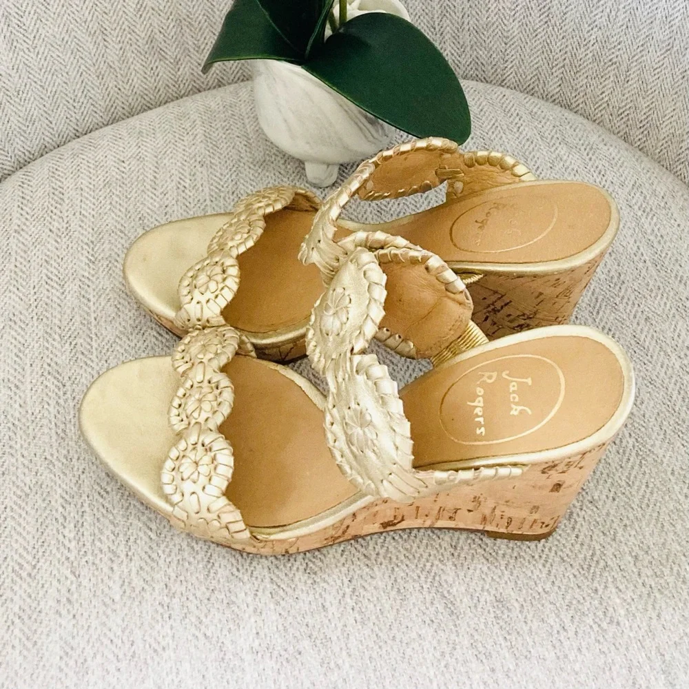 Jack Rogers Gold Leather Wedge Slide Sandals